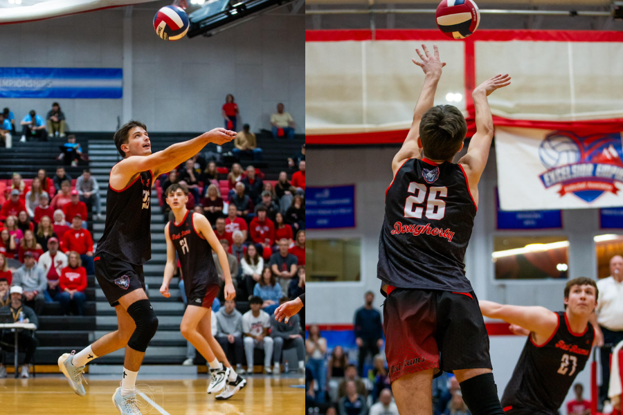 Owen Dougherty in two photos side by side. One shows him bumping a volleyball, the other he is setting.