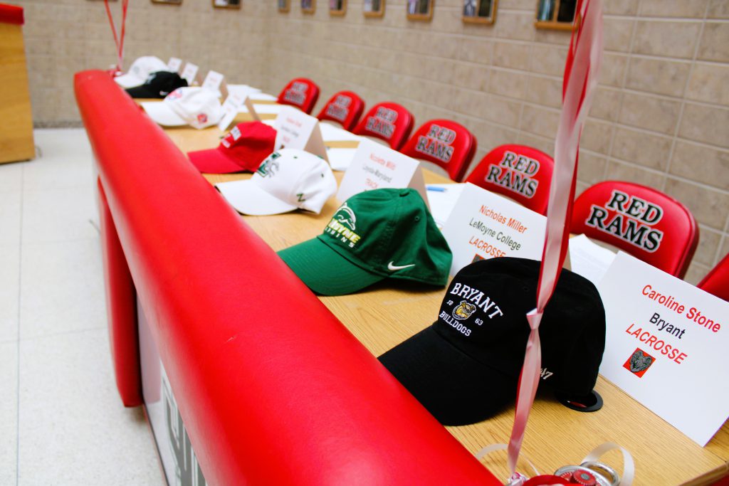 Image of college hats on table.
