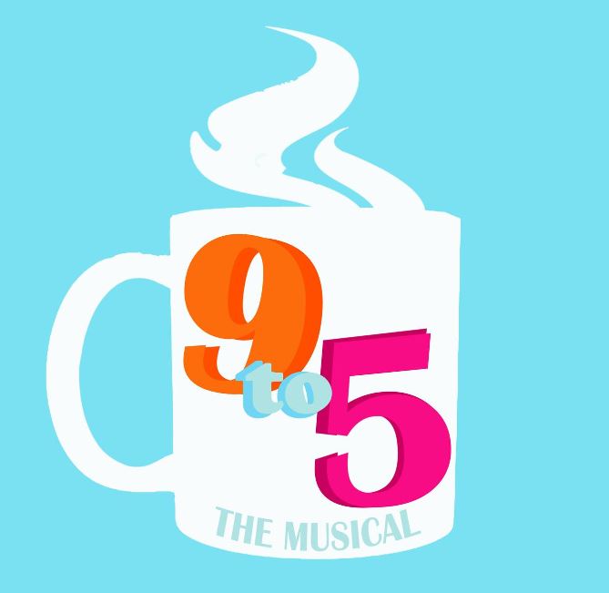 Promotional graphic image for 9 to 5. Image shoes a coffee cup with musical title in text. 