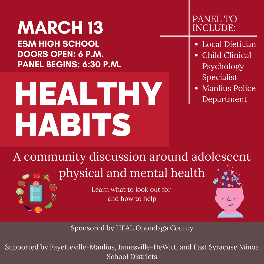 Graphic image with event details. Healthy Habits to be held March 13 at ESM High School. Doors open at 6 p.m.