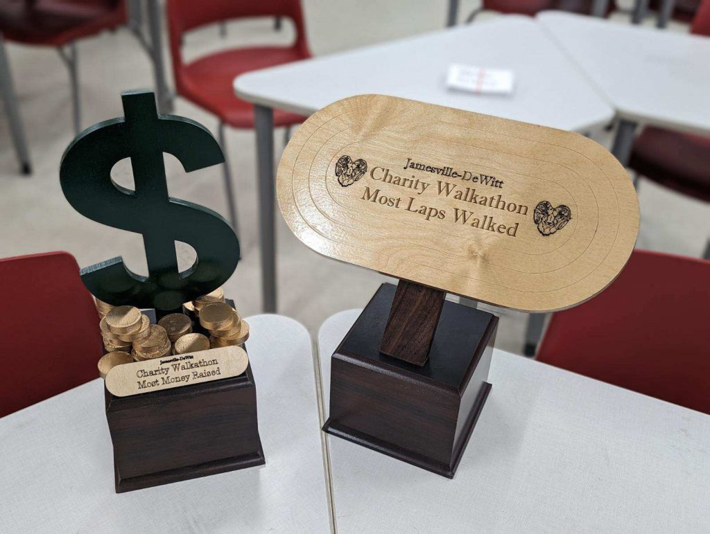 Image of charity walkathon trophies.