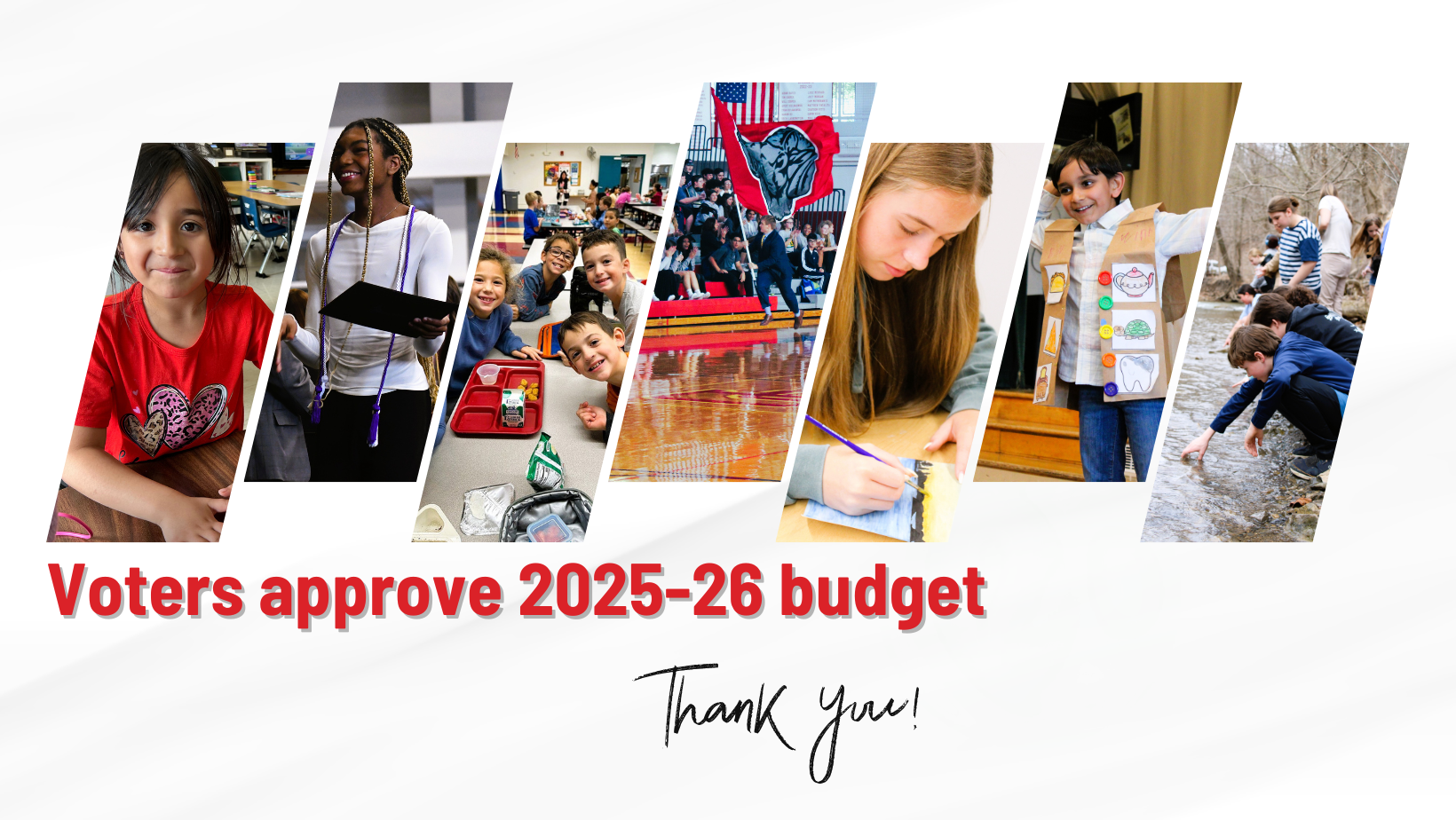 Collage of student photos with text that reads: Voters adopt 2025-26 budget, thank you!