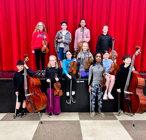 Elementary All-County Orchestra group photo with Eleanor Kelsen, Ari Shapiro, Josie Addai, Luke Scott, Shea Schoonmaker, Nora Mitchell, Veronica Mendez Siquier, Dominick Armbrust, Harper Judge, Aklecia Getu, Rory O’Connor
Missing from Picture:  Hunter Zheng, Sabrina Kallander
