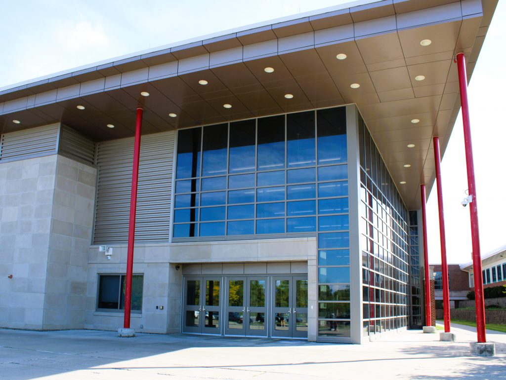 Exterior photo of J-D High School main gym entrance.