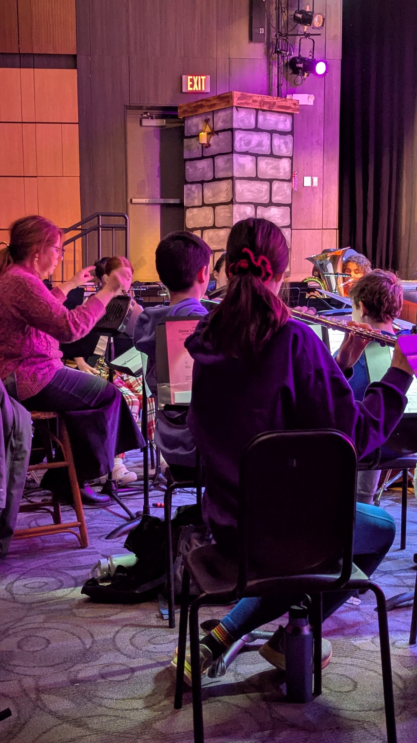 Middle school students play instruments in theatre pit.
