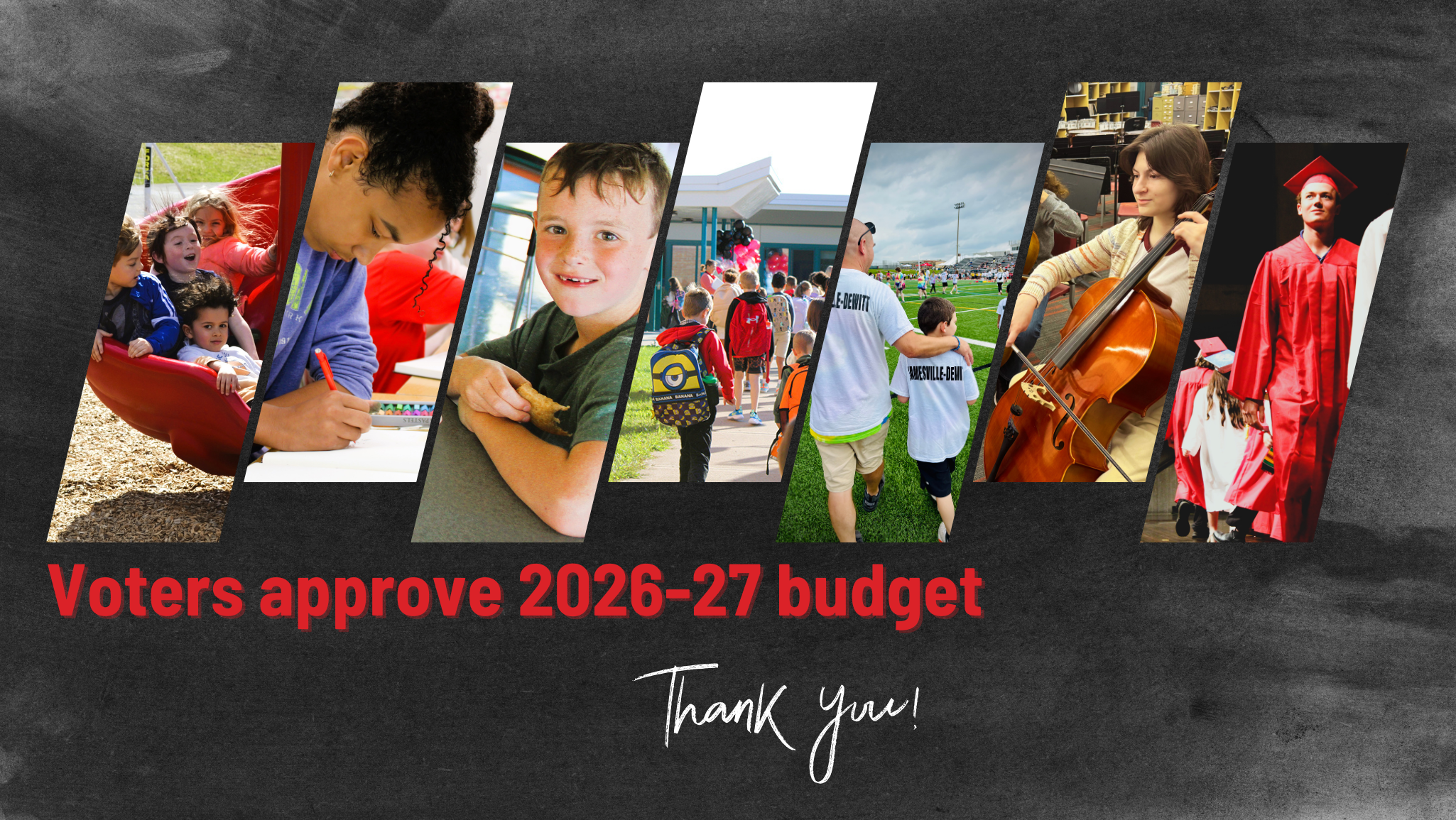 Graphic image with student photos, text reads, Voters approve 2026-27 budget, Thank you