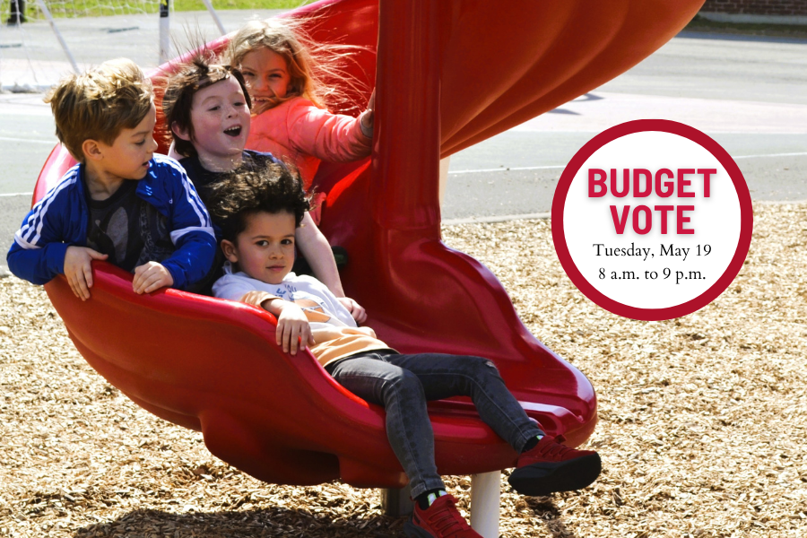 Four students smile at the bottom of a red slide. Text reads Budget Vote, Tuesday, May 19, 8 a.m. to 9 p.m.