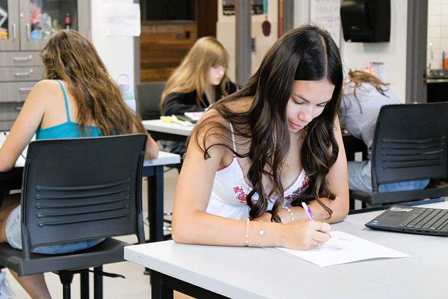 Students draw at desks.