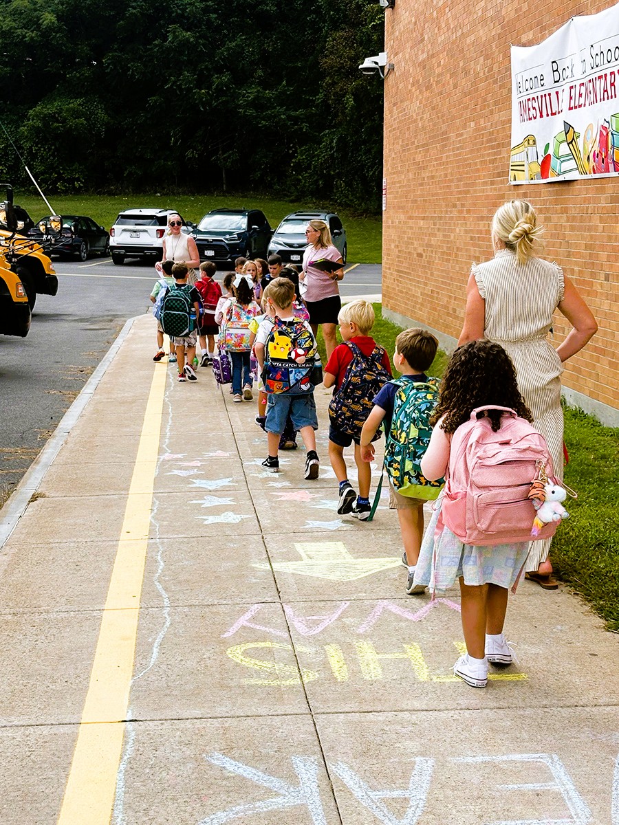 Students walk to buses with backpacks.