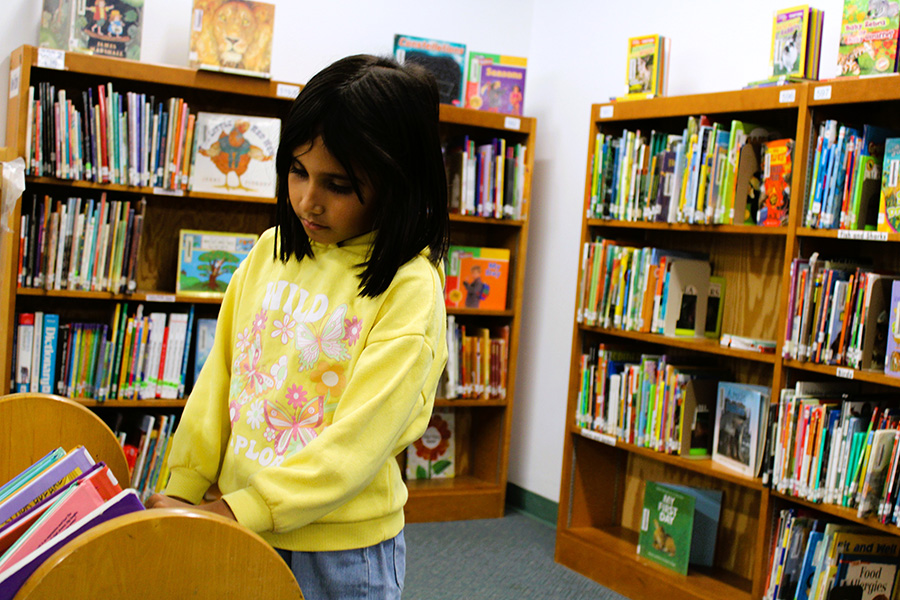 Student looks at books in library.